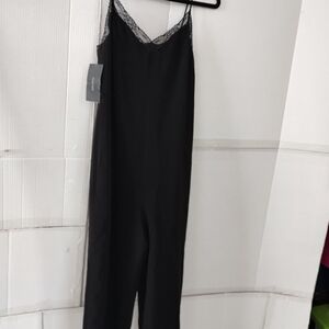 Zara Black Lace-Trim Jumpsuit Wide Leg Women SZ Medium Office Career Chic